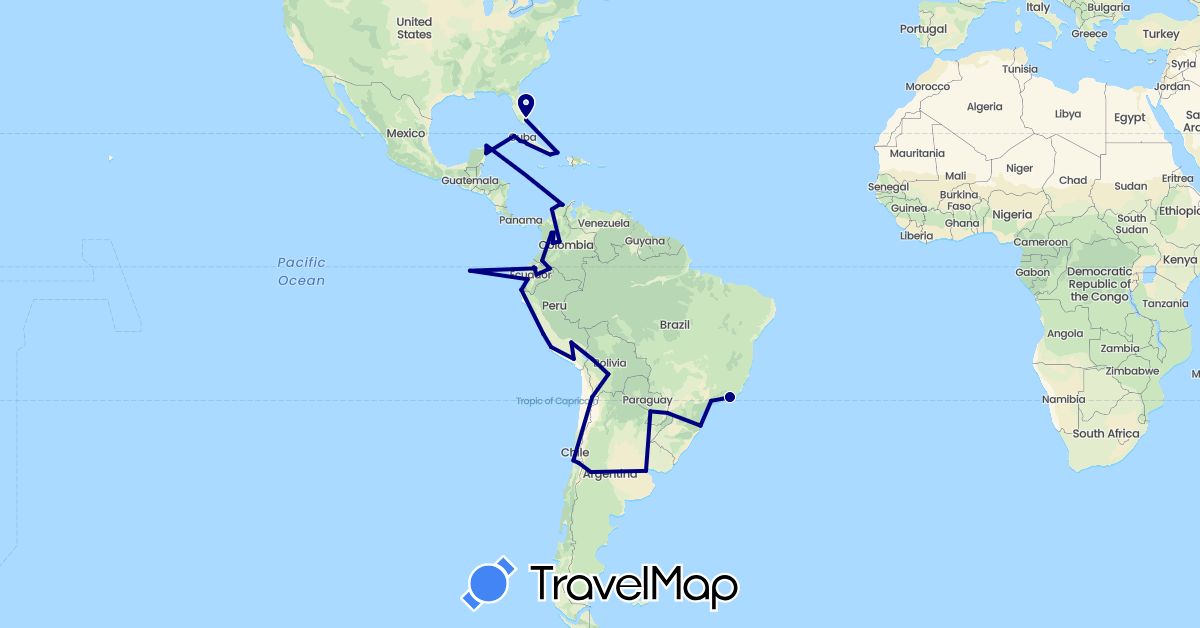 TravelMap itinerary: driving in Argentina, Bolivia, Brazil, Chile, Colombia, Cuba, Ecuador, Mexico, Peru, Paraguay, United States (North America, South America)